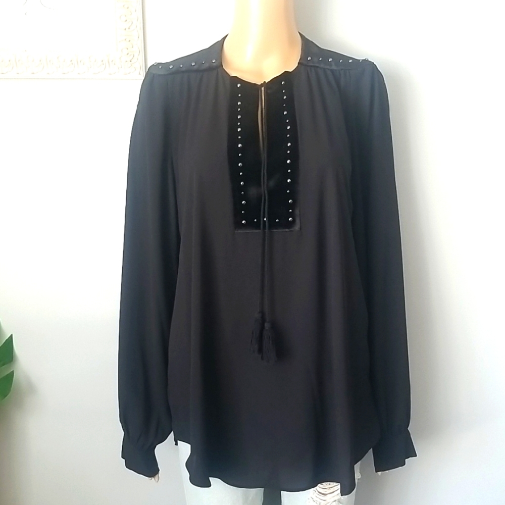 Vtg Whimsigoth Black Studded Peasant Blouse Velvet Trim Tassel Keyhole Top L - Picture 4 of 16